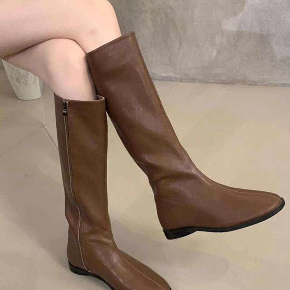 Trendy Korean Style Versatile Flat Round Toe High for Women Over-the-Knee Single Melad Slim Long Tube Designer Shoe Riding Boots