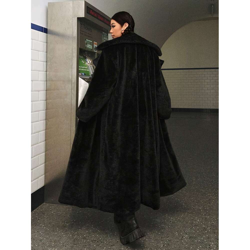 Solid Color Faux Fur Coat, Elegant Lapel Collar Long Sleeve Longline Coat For Fall & Winter, Women's Plus Size Clothing