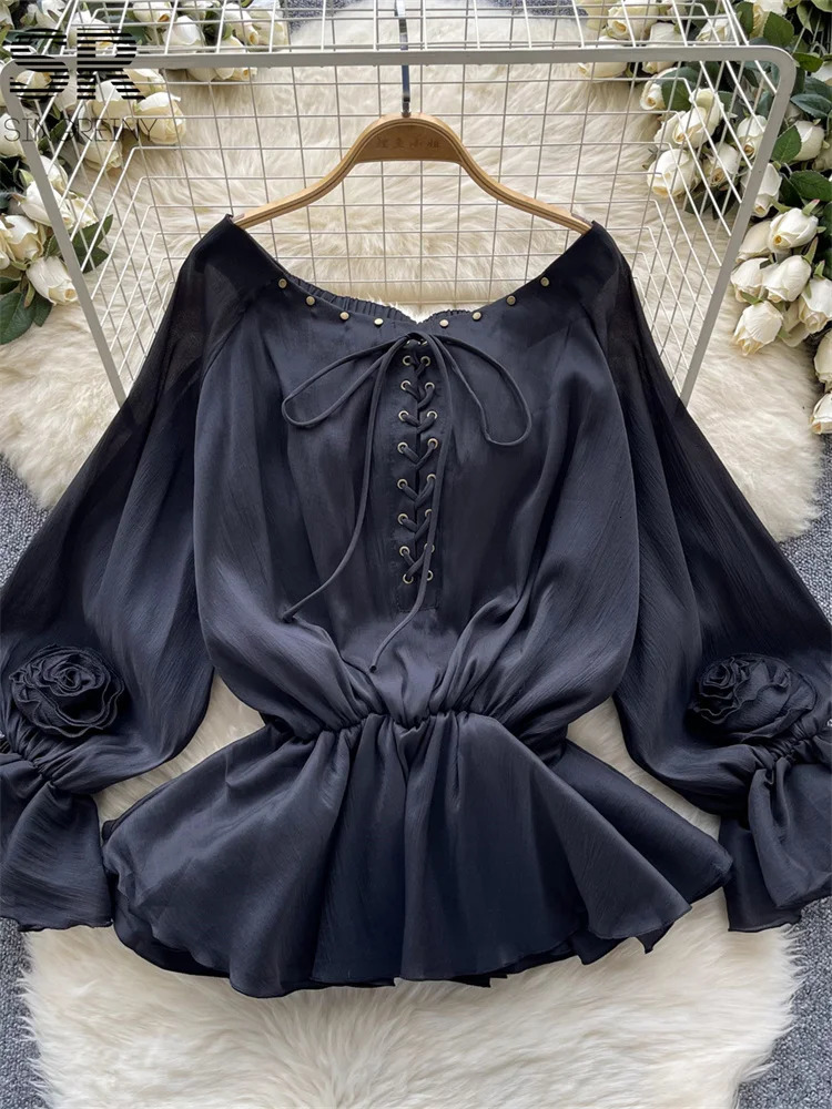 Singreiny Sweet Casual Chiffon Shirt Womens Summer Sparkling Sleeve Shoulder Lace Top Womens Ruffle Vacation Shirt 250402