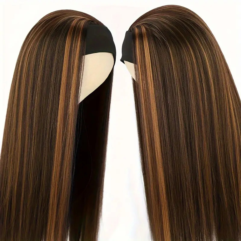 Natural Brown Gold Ombre Wig - Long Straight Synthetic Fiber with Adjustable Band for Comfort