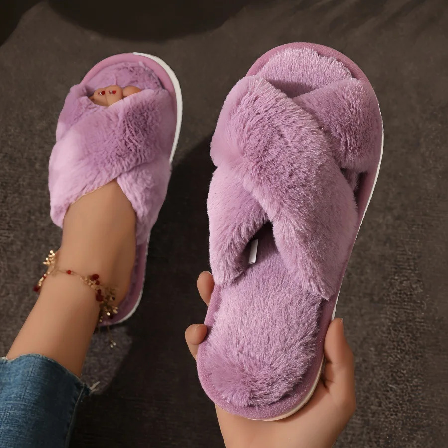Womens Cross Band Fur Slippers Indoor Furry Fuzzy Open Toe Shoes Home Cozy Warm Slides Double Straps Slipper Soft Sole Non Slip 251031