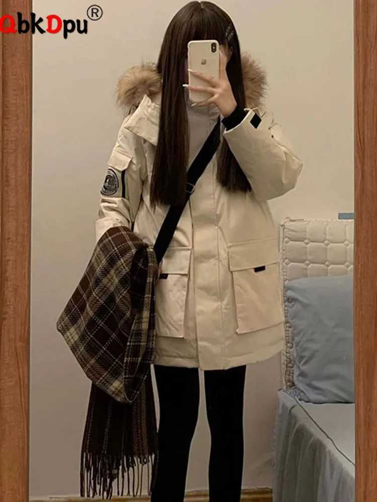 Korean Design Thicken Loose Jackets Tops Women Hooded Zipper Long Sleeve Abrigos Winter Warm Faux Fur Collar Down Cotton CoatsT251105