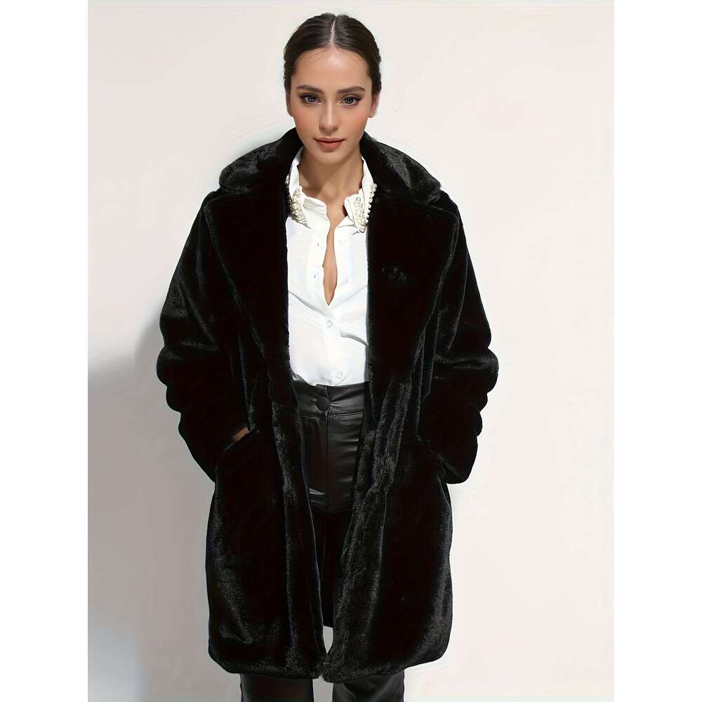 Women's Elegant Mid-Length Faux Fur - Long Sleeve, Button-Up Front, Pockets, Non-Stretch Fabric, Solid Color, Winter Coat For Fall & Winter, Casu