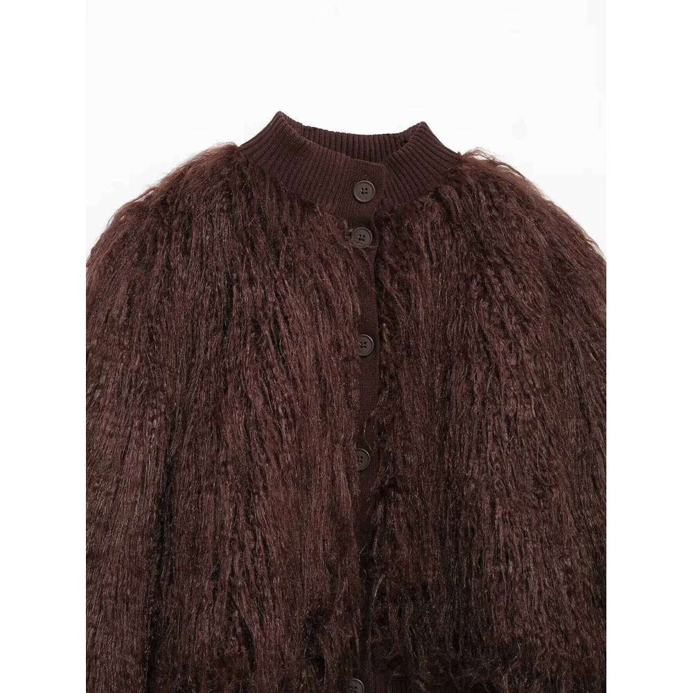 KONDALA Chic Brown Faux Leather Flurry Women Long Sleeve Vintage Party Outwear Luxurious Fashion Spring Jacket