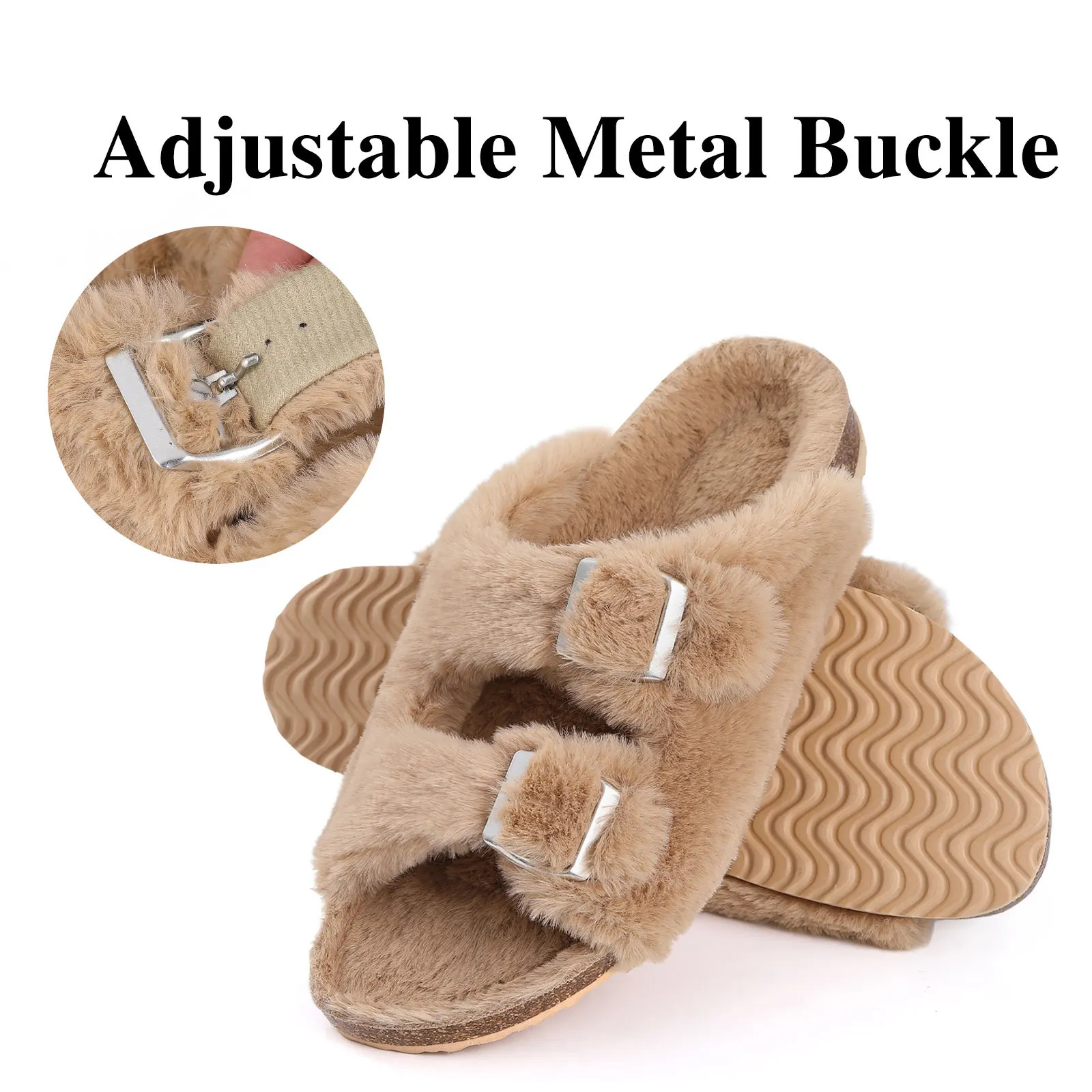 Shevalues Fuzzy Slippers Women Cork Footbed Fluffy Slide Sandals Open Toe Indoor House Shoes With Arch Support Adjustable Buckle 251031