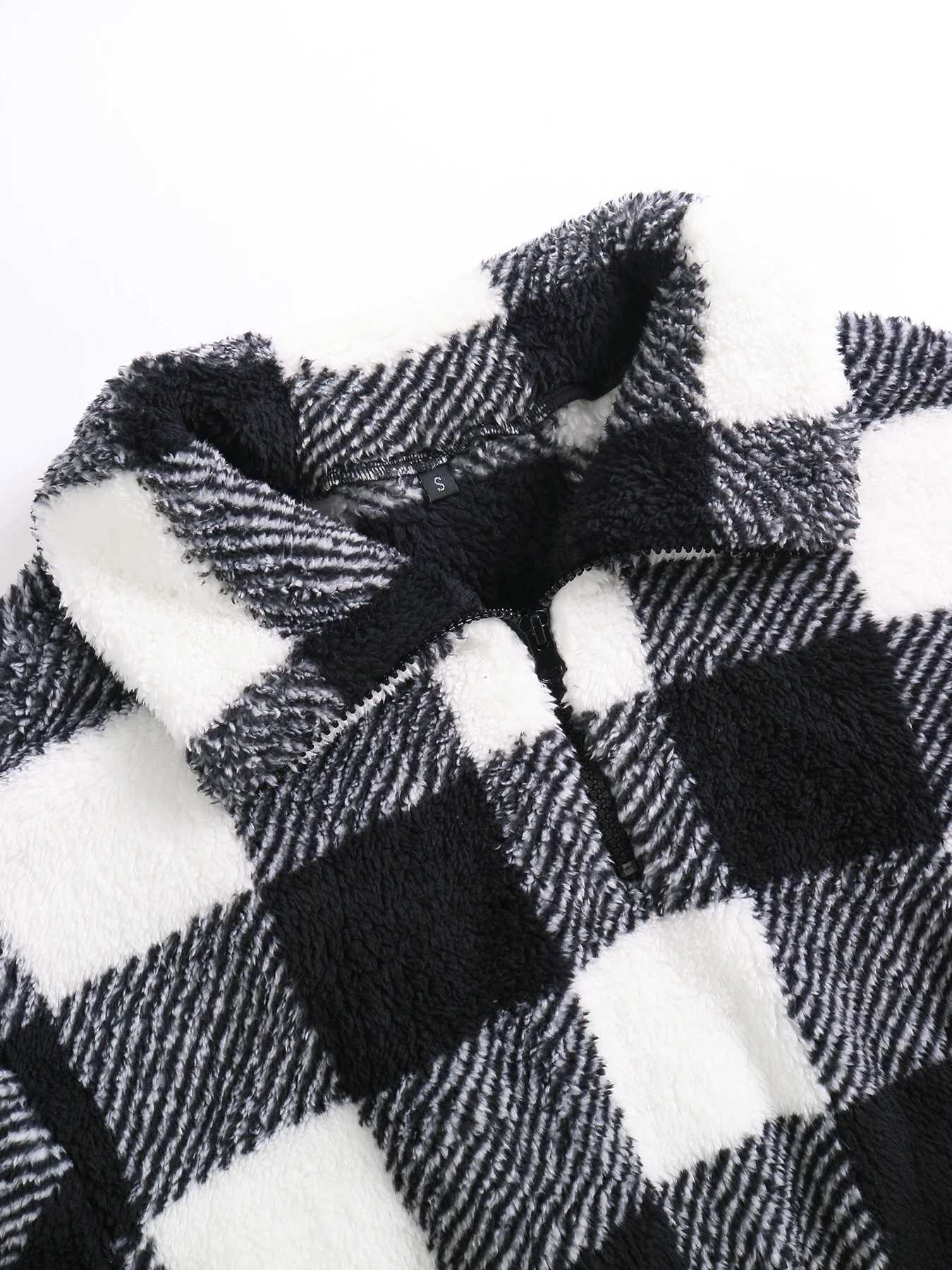 Womens Plaid Print Half Zip Drop Shoulder Fuzzy Sweatshirt Casual Long Sleeve Collared Pullover for Fall and WinterT251105