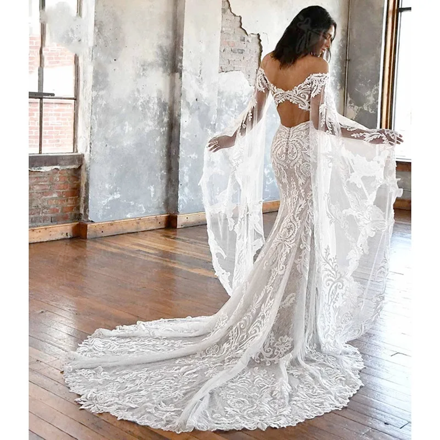 Sexy Backless Mermaid Boho Wedding Gowns Deep V Neck Lace Appliques Long Flare Sleeve 2025 Beach bridal DressesRobe Mariage