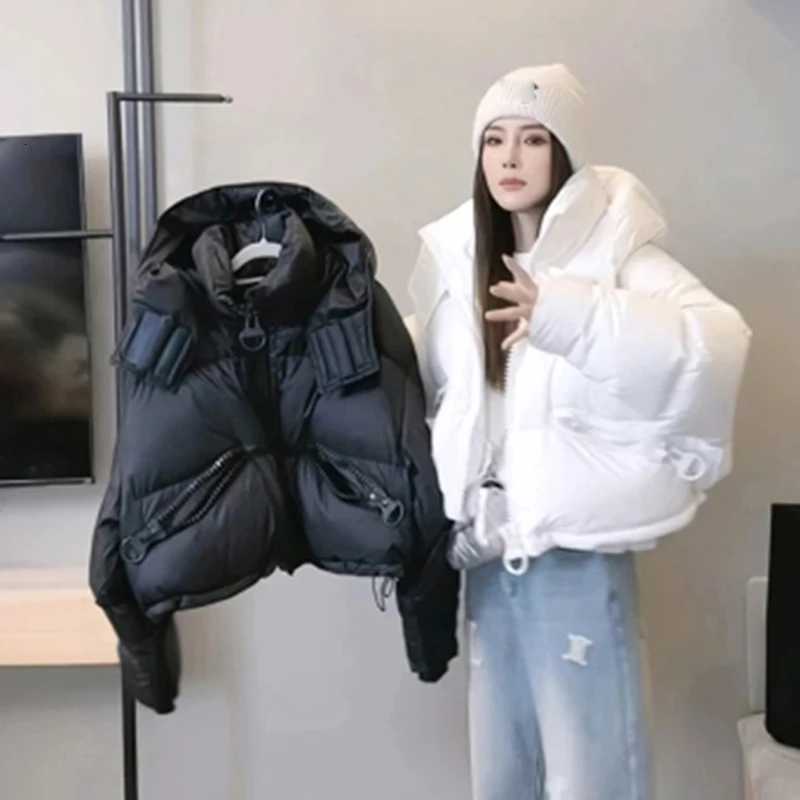 Fall Winter Warm Puffy Jacket Women Zip Up Harajuku Y2K Parkas Coat Long Sleeve Loose Casual Lazy Cargo Cropped OutwearT251105