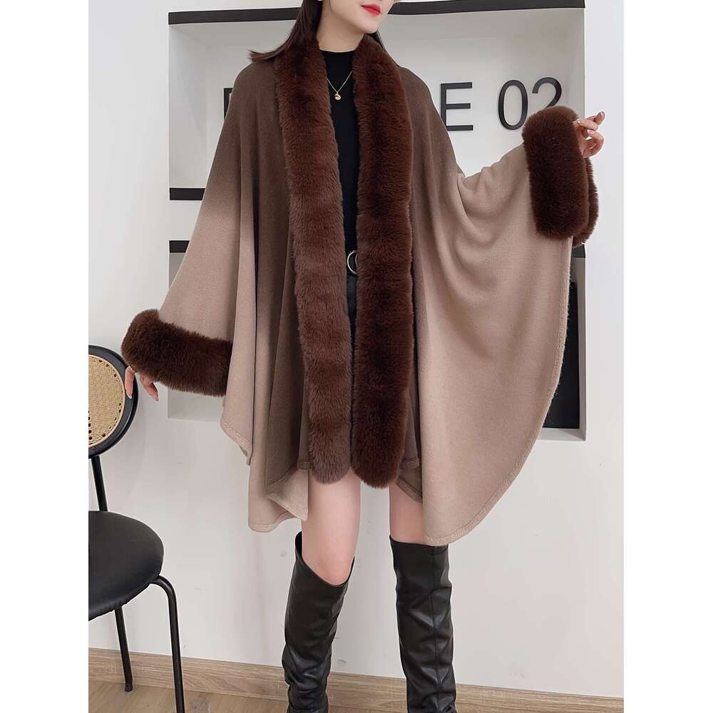 Women's Oversized Korean Fashion Winter - Collar Gradient Grey/Black Cape Cloak With Plush Trim, Wrap Shawl Mantle & Elegant Casual Or Formal Eve