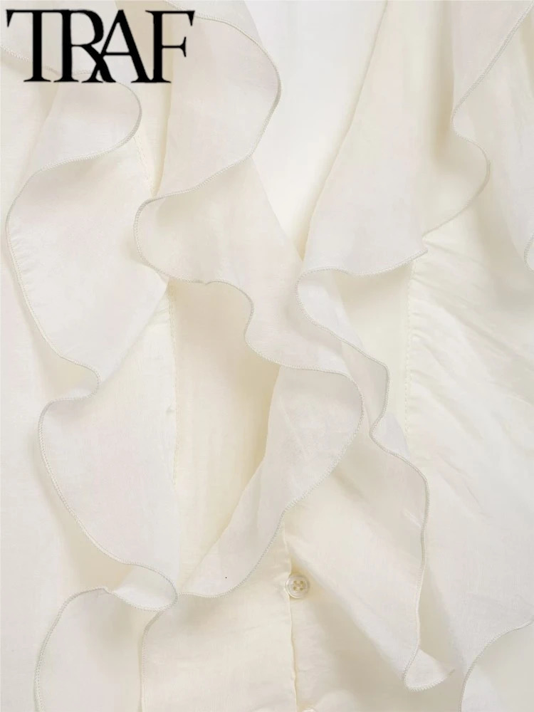 TRAF ROBE Y2K Lightweight Women Casual Blouse 2025 Summer Semi Sheer Tierred Ruffles V Neck Long Sleeve Fitted Shirt Female Top 250402