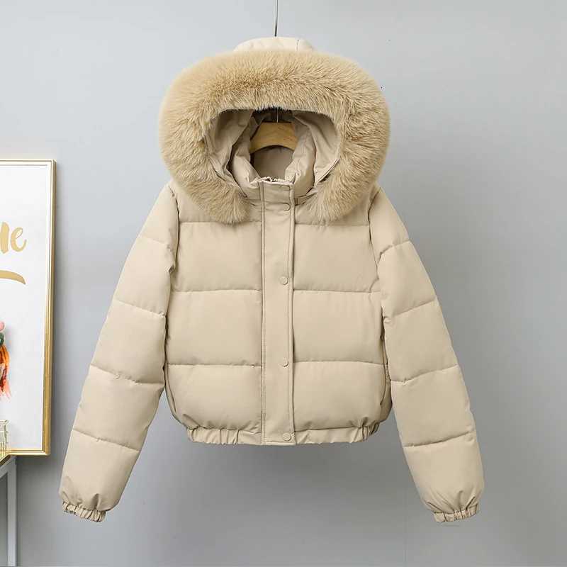 Short Parkas Loose Winter Cotton Padded Jackets Solid Big Fur Collar Womens Long Sleeve Thick Warm Hooded Bread Clothes TrendT251105