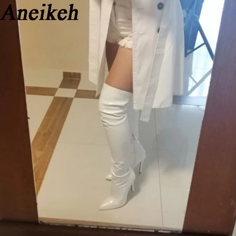 Aneikeh White Sexy OvertheKnee Side Zipper SlipOn Pointed Toe Shoes Fashion Striped Thin Heels Ladies Boots 2025 Spring 251103