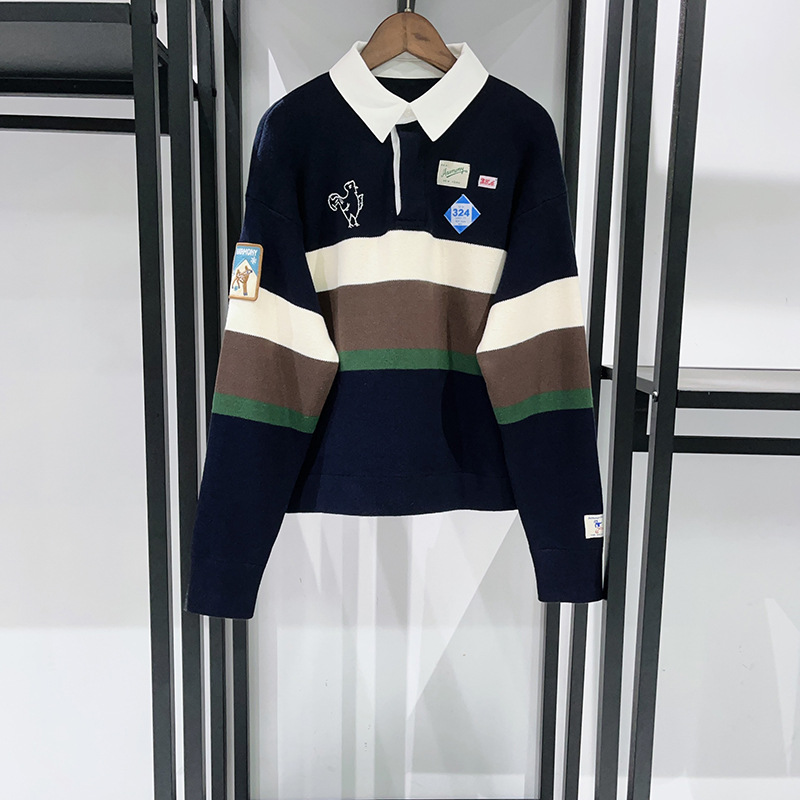 Women's Sweaters Knit Sweater Embroidery polo sweater Denim Splice Turn-down Collar Long Sleeve Female Pullover With Buttons Autumn Winter design