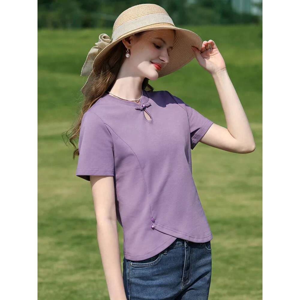 Purple Chinese Buckle Stand Collar Knitted T-Shirt 2025 Summer Casual Short Sleeve Top Curved Hem Tees