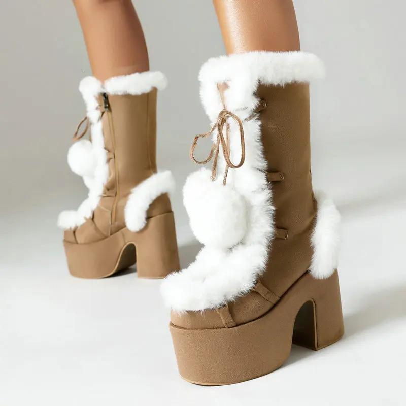 Plus Size 45 Cold Winter Super Warm Plush Lined Women Fur Shoes With Pompom Chunky High Heels White Pink Platform Snow Boots 251104