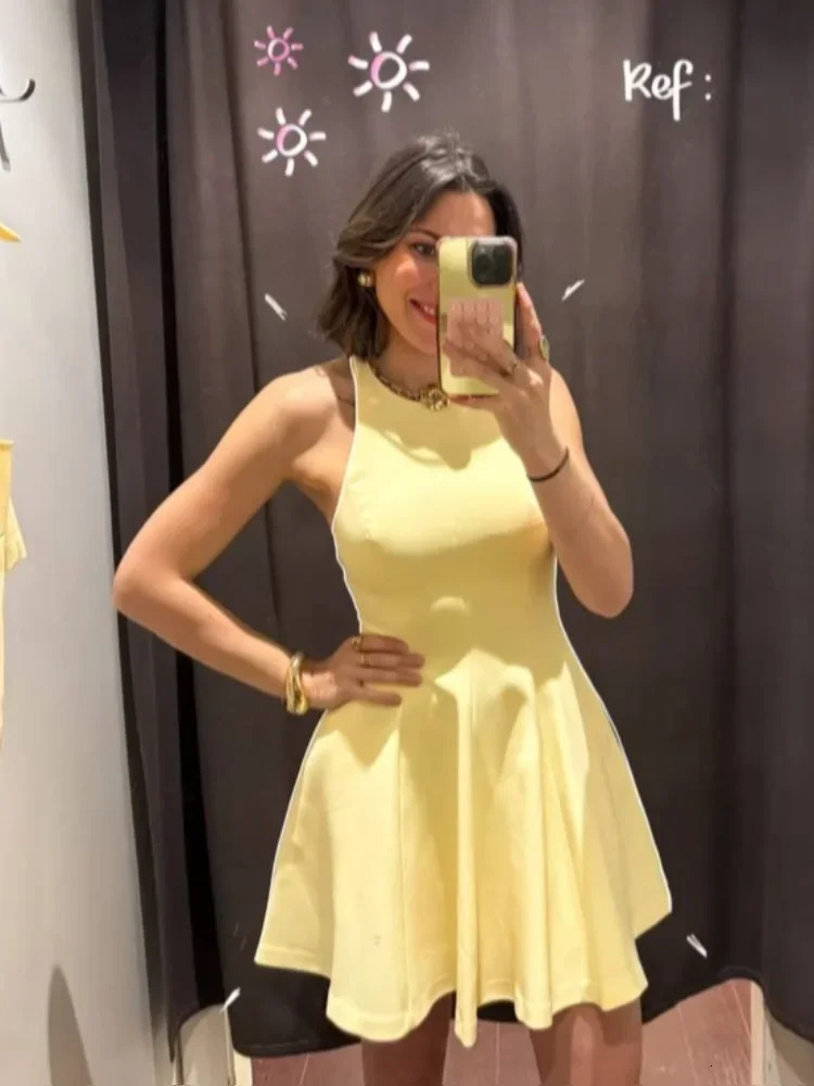 Elegant yellow camisole Aline mini dress for womens sexy backless shoulder solid party vest 2025 summer fashionable short skirt 250403