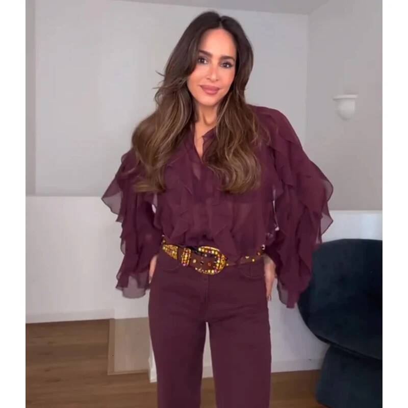 winter jacket women MUJER Ruffle Womens Semi Sheer Casual Spring Fairy Shirts and Blouses for Lady Long Sleeve Tops Woman 2025