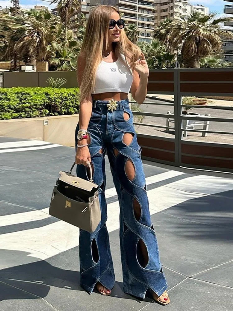 Womens Twist Love Jeans Pants Holes denim pants with metallic flowers suitable for women loose legs Trouser summer high street jeans 250403