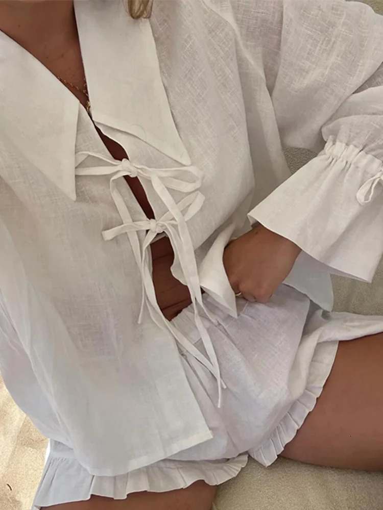 Solid color linen lace top bow shirt for women short sleeved top lapel lantern sleeve shirt pleated pants summer women 2-piece set 250402