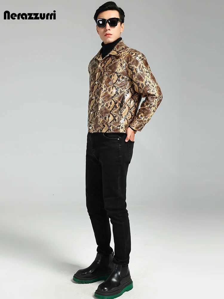 Nerazzurri Autumn Short Handsome Cool Colorful Snakeskin Print Pu Leather Jacket Men Luxury European Style Clothes 2023 EU Size C251105