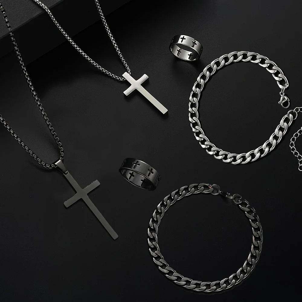 3pcs Set Mens Stainless Steel Metal Cross Pendant Chain Necklace Bracelet Ring Jewelry Male Hip Hop Daily Wear Accessories 251104