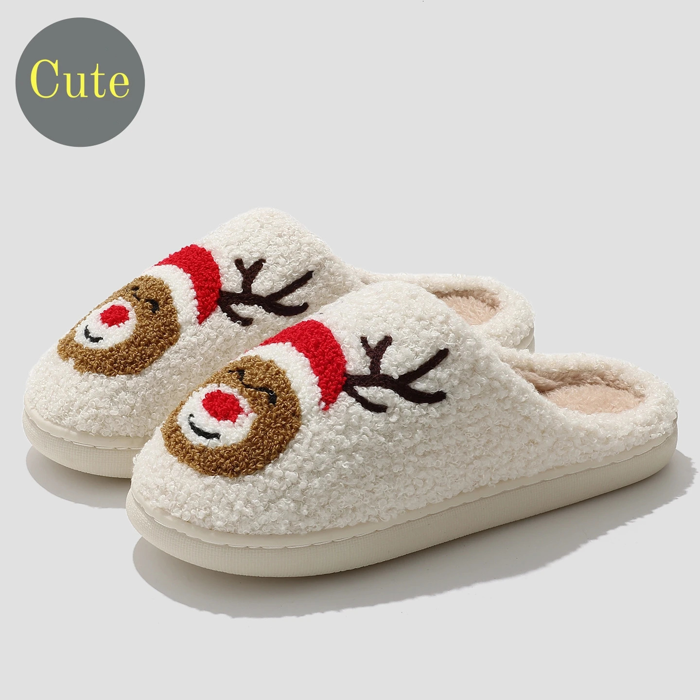 Christmas Women Warm Fashion Slippers Men Cute Santa Claus Embroidery Pattern Slides Couples Furry Sandals Family Plush Shoes 251031