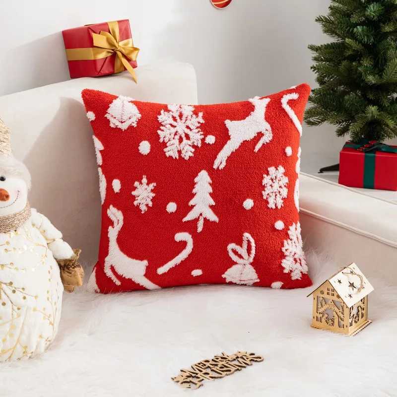 2pcs Red Green Christmas Plush Cushion Cover Cartoon Embroidery Fluffy Christmas Pillow Covers Decorative Festival Pillow Case Y251105