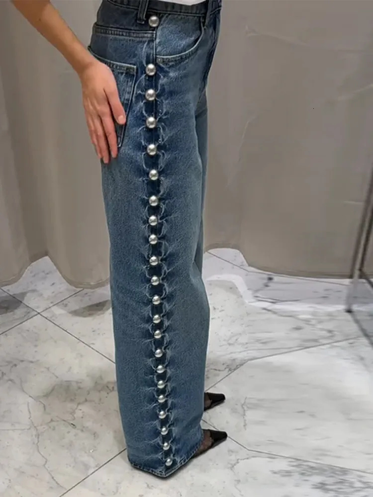 Street Fashion Beaded Womens Jeans High Waist Pocket Straight Wide Leg Denim Pants Spring Y2k Trousers 250403