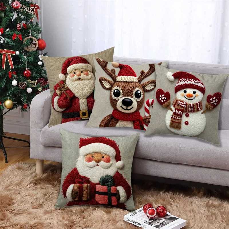 45cm Grey Red Christmas Pillowcase Cute Cartoon-style Imitation Embroidery Linen Printed Sofa Pillowcase For Holiday Decoration Y251105
