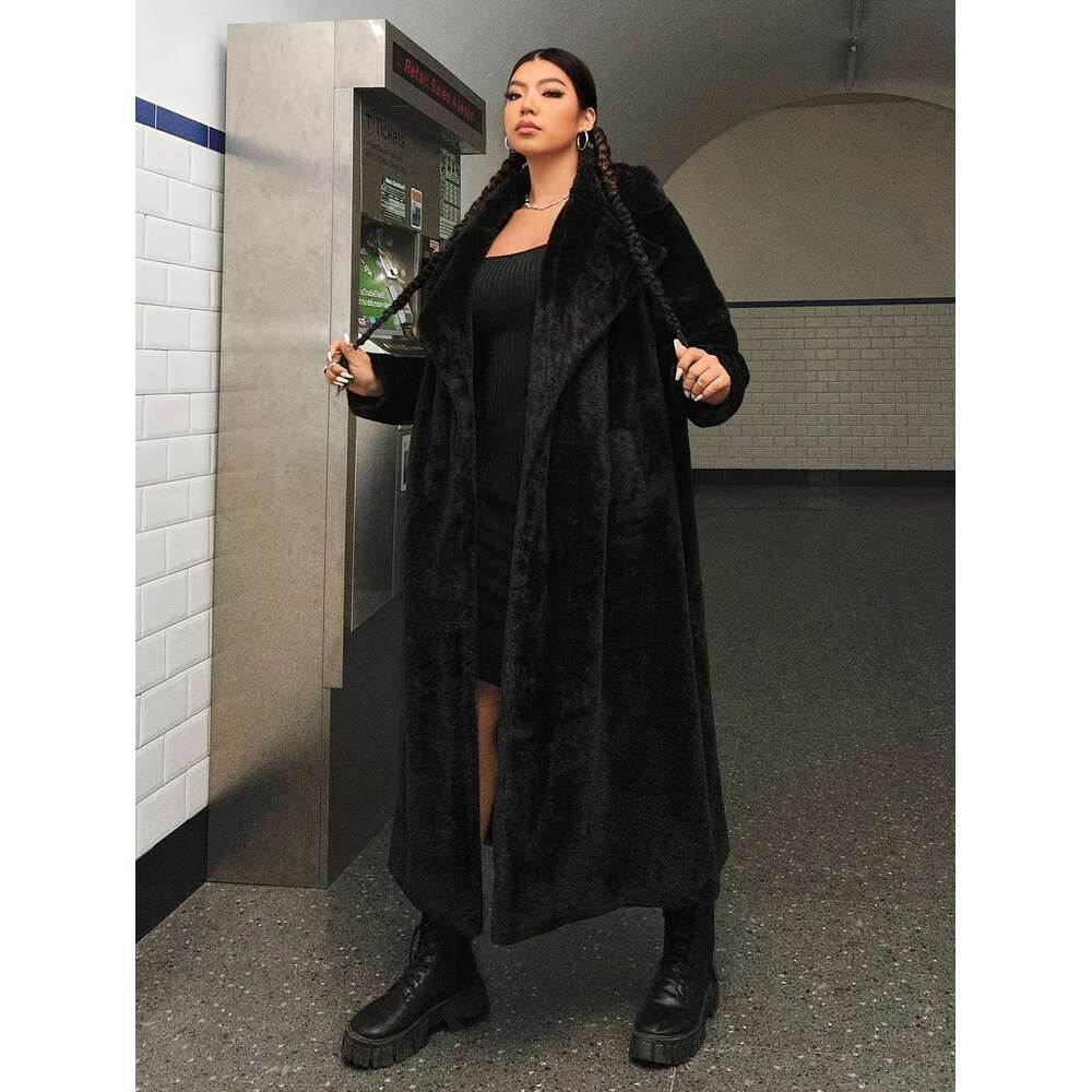 Solid Color Faux Fur Coat, Elegant Lapel Collar Long Sleeve Longline Coat For Fall & Winter, Women's Plus Size Clothing