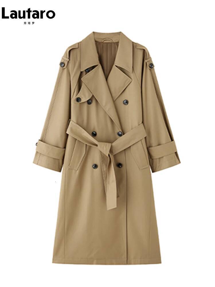 winter jacket women Lautaro Spring Autumn Oversized Khaki Long Grey Trench Coat for Women Double Breasted Loose Casual Korean Fashion Overcoat 2024