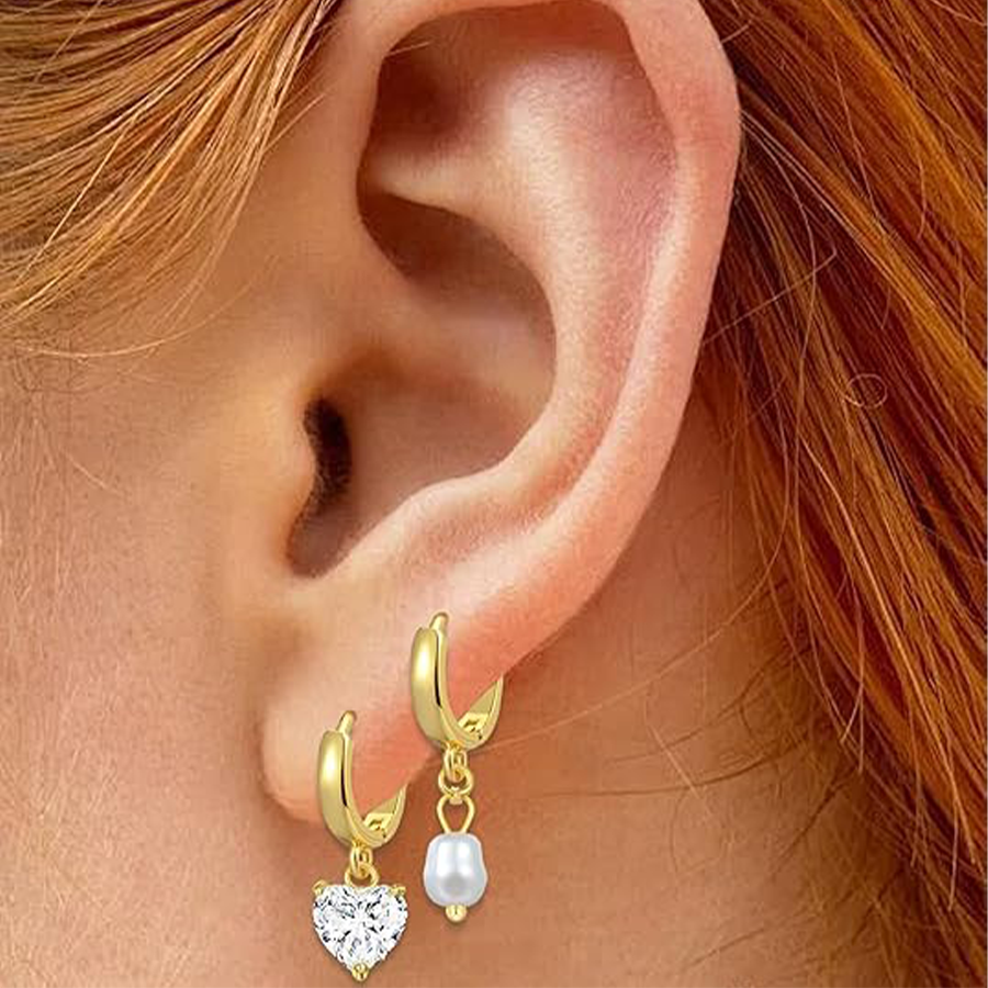 Huggie Hoop Earrings 18K Gold Plated Small Dangle Hoop Earrings Heart Pearl Star Flower CZ Cartilage Earring Sets for Multiple Piercing Stacks Stud Ho