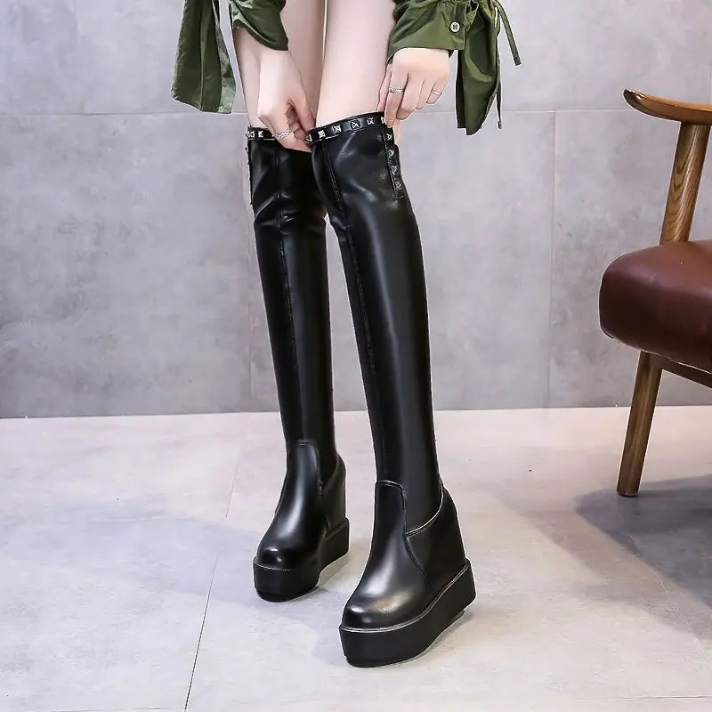 Knee Thigh High In Womens Boots Genuine Leather Fur Long Shoes for Women Winter 2025 Wedges Chunky Platform Heeled Black 251031