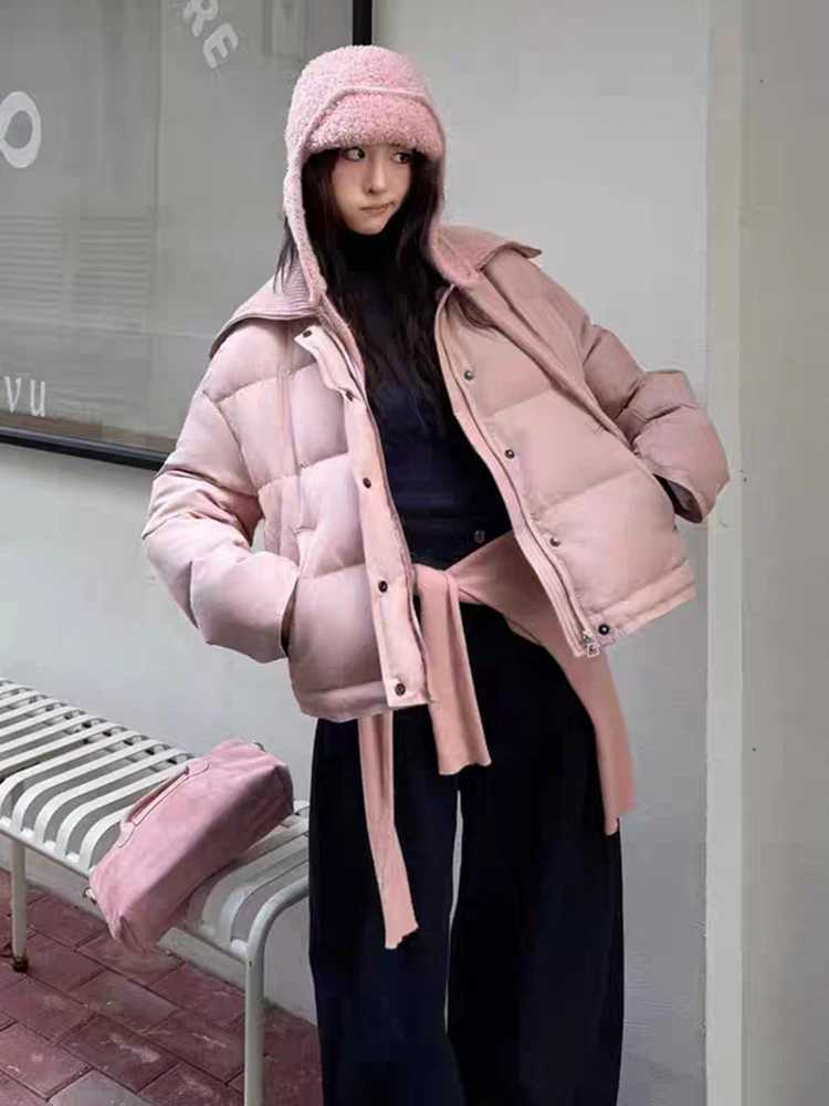 Winter Large Lapel Short Warm Down Jacket Female Solid Pocket Cotton Jacket Women White Duck Down Thicken Zipper Parker OutwearsT251105