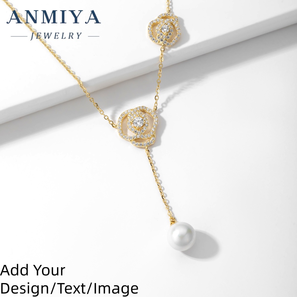 Custom 18K Gold Plated Minimalist New Design Rose Flower Pendant Charm 925 Silver Cute Zircon Pearl Necklace Wedding Gift
