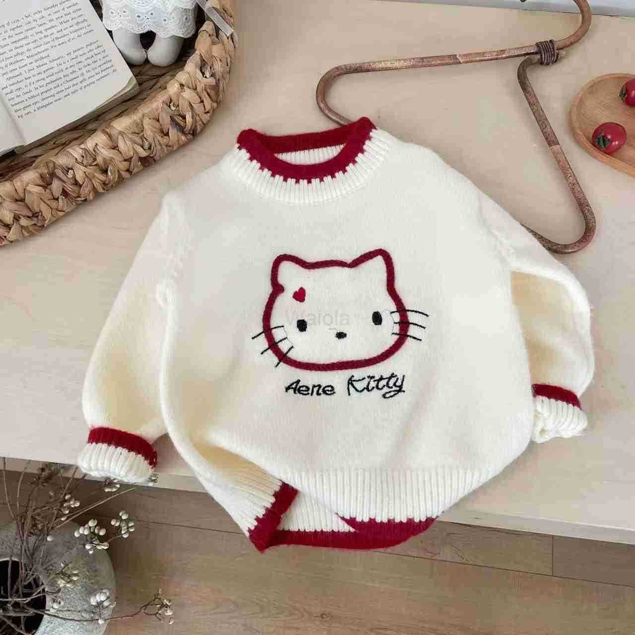 Sanrio Girls Autumn Winter Knitted Sweater 2025 New Style for Young Girls Childrens Round Neck KT Cat Knitted Pullover H251105
