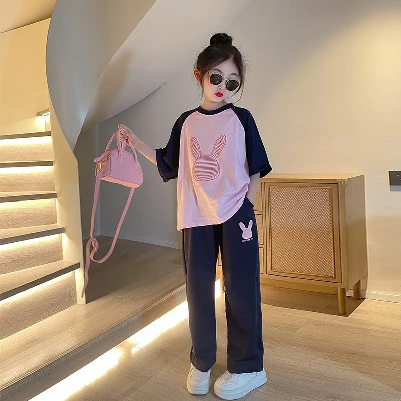 Girl sports twopiece set summer model foreign style girl big short sleeved childrens casual Tshirt 250325z