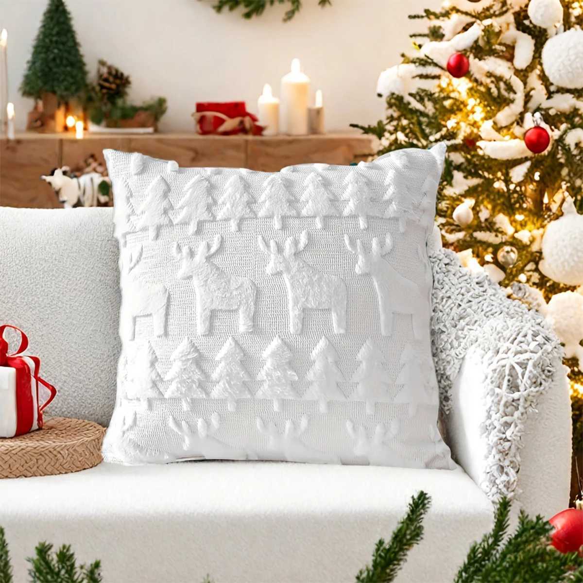 1pc imitation reindeer Christmas tree jacquard pillow cover 3D soft plush reindeer Christmas tree cushion cover Y251105