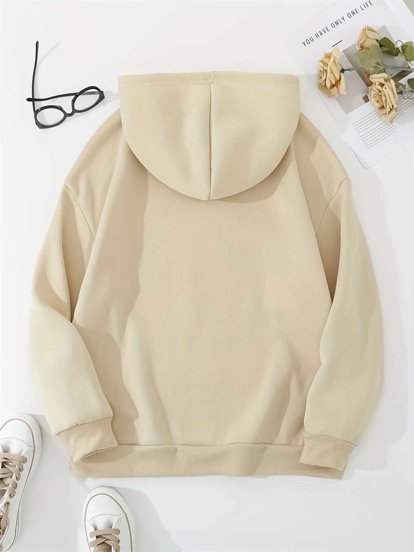 Womens autumn and winter casual loose and comfortable FUN FACT I dont care printed fleece warm long sleeved hooded sweatshirtT251105