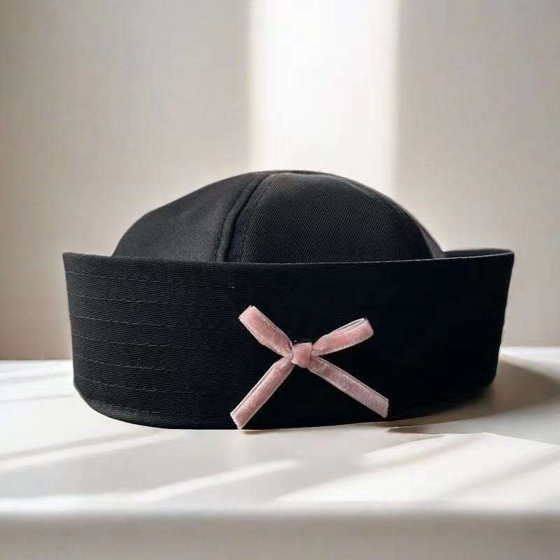 Butterfly knot cute sailor hat flip brim hat summer versatile beret women's Korean version big head circumference navy hat