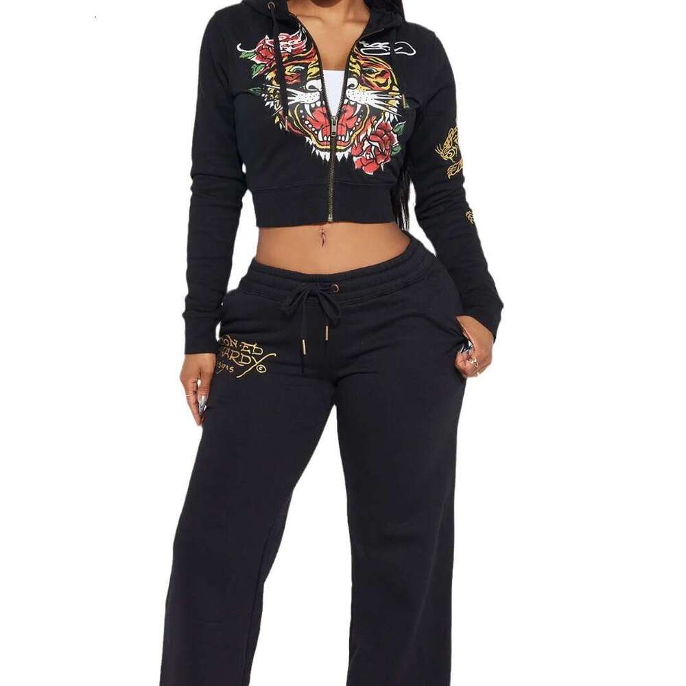 European And American Fashion Street Casual Comfortable Painted Zipper Hooded Positioning Printed Two-Piece Women's Set