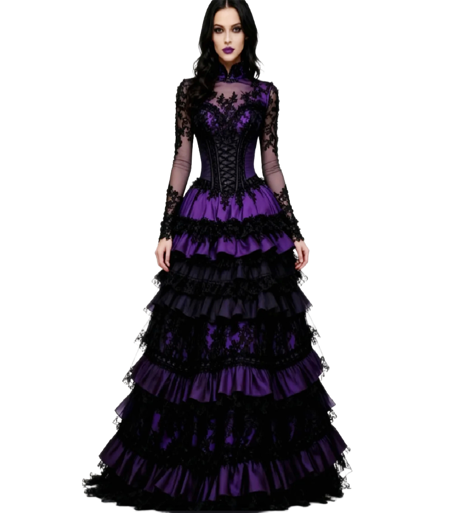 Dramatic Black And Purple Gothic Wedding Dress 2026 Alternative Fantasy Vampire Bride Dress Layer Lace Long Sleeve Bridal Gowns 18th Century Medieval 