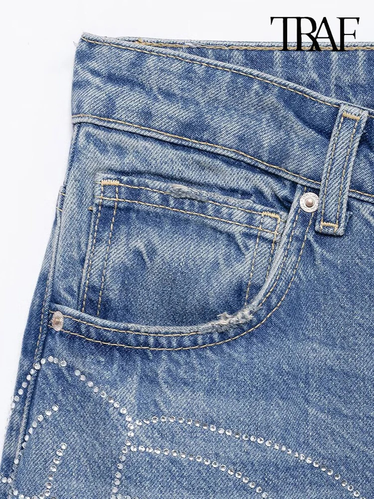 TRAF womens fashionable ultrathin slim fit high waisted Rhinestone embossed jeans American street chic blue washed casual wide leg 250403