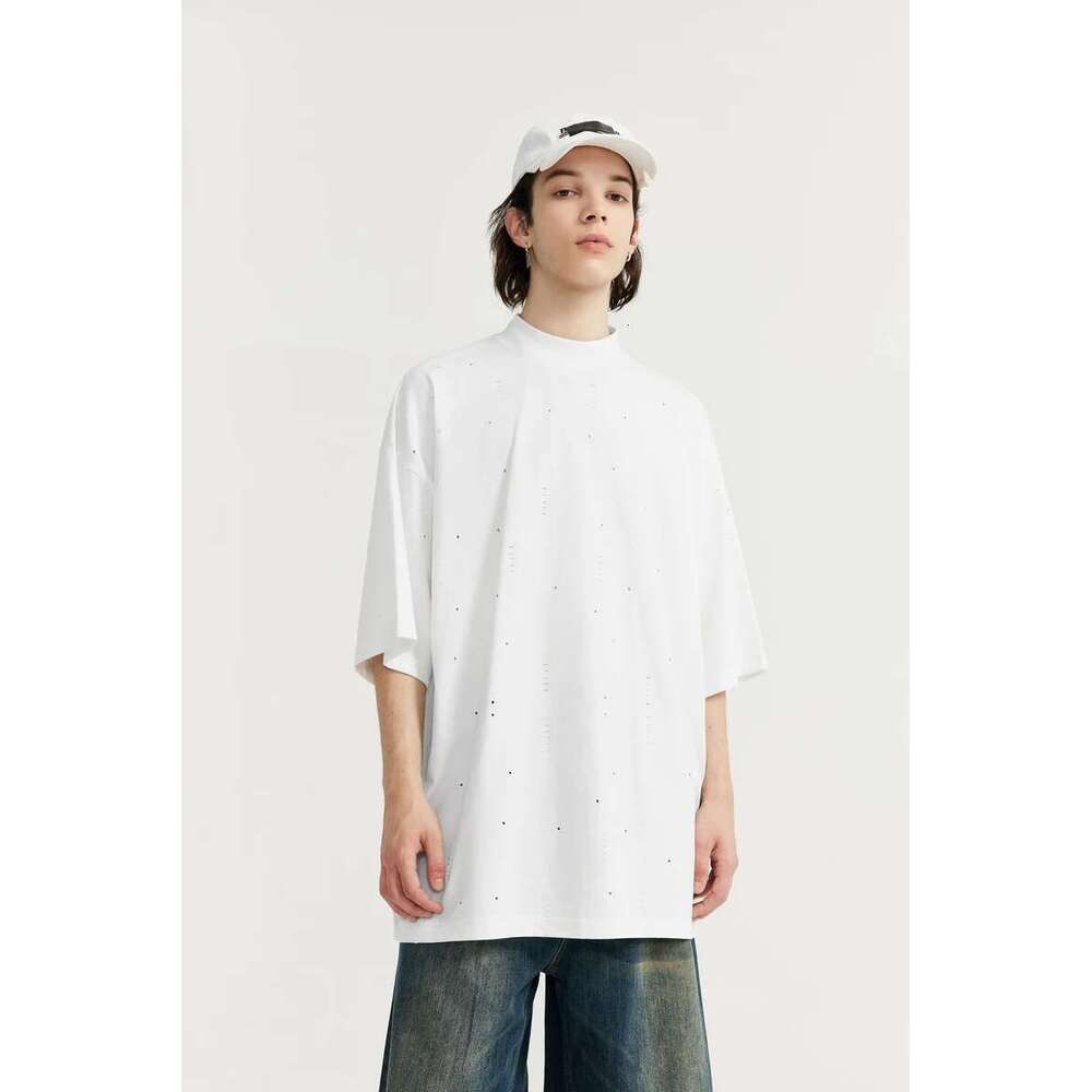 Streetwear Ripped Tees Men Heavyweight Mock Neck Oversized Cotton Tshirts