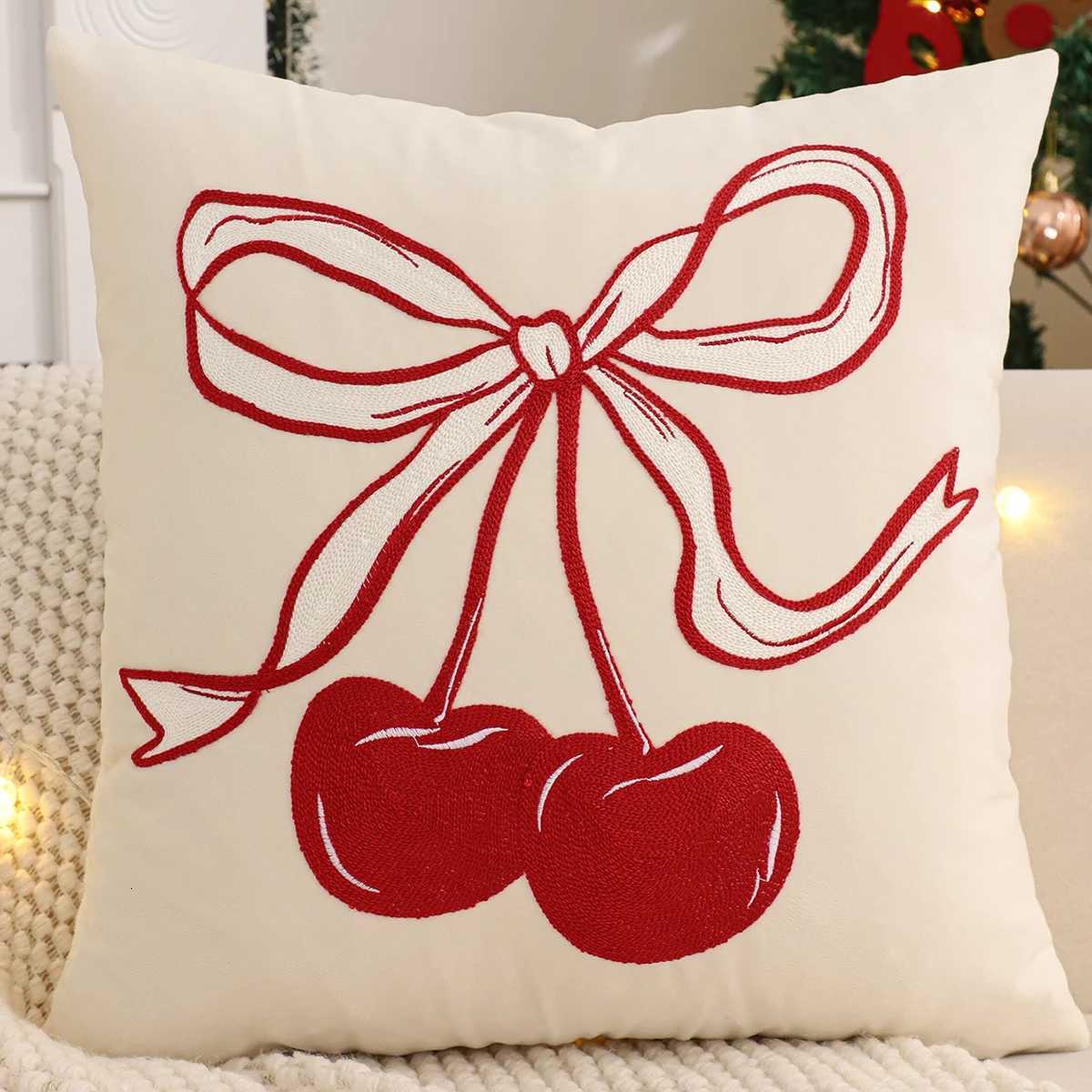 Embroidery Throw Pillow Cover Christmas Decoration Velvet Soft Christmas Tree Cherry Winter Farmhouse Home Sofa Living Room Y251105