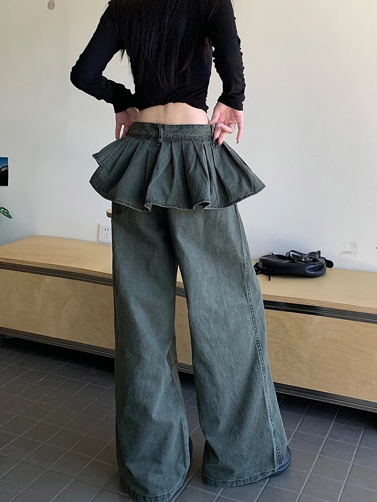 Korean retro high waisted pleated leather case wide leg Trouser Y2K womens bagged denim pants 250403