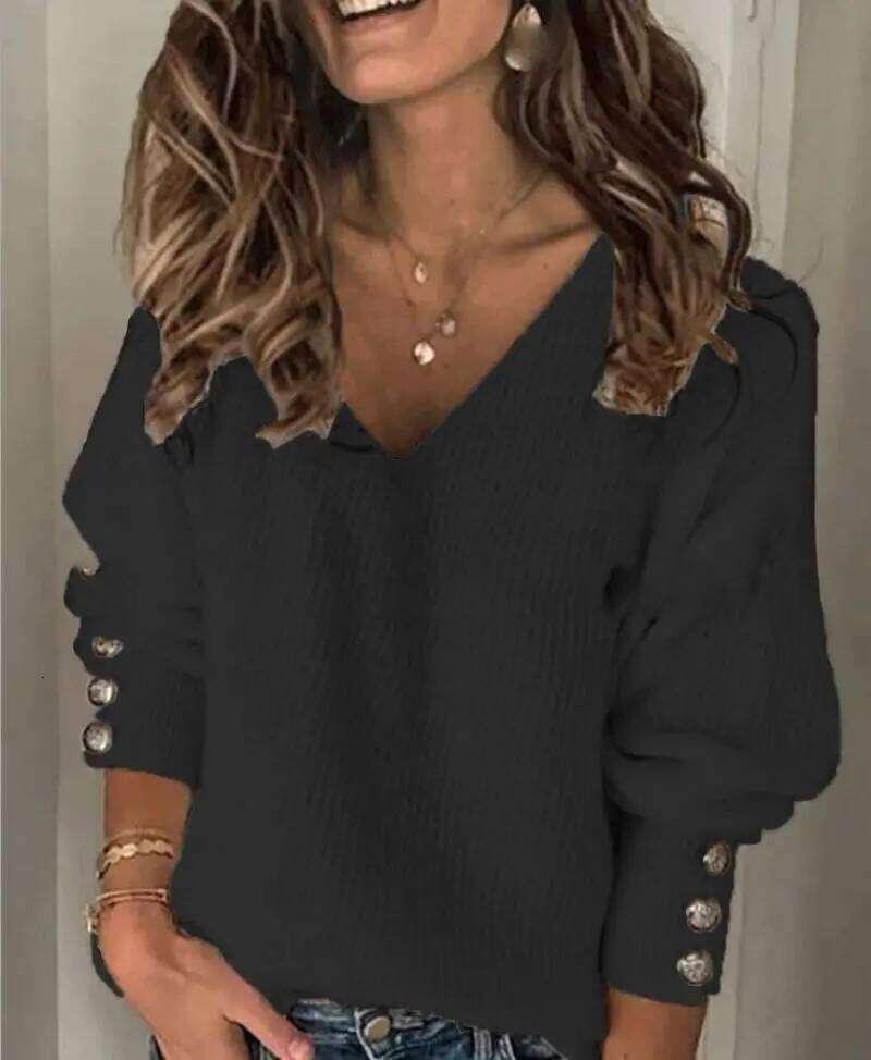 Women's Spring And Autumn Loose Button Solid Color V-Neck Knitted Top Designer Sweater Bear Sweater