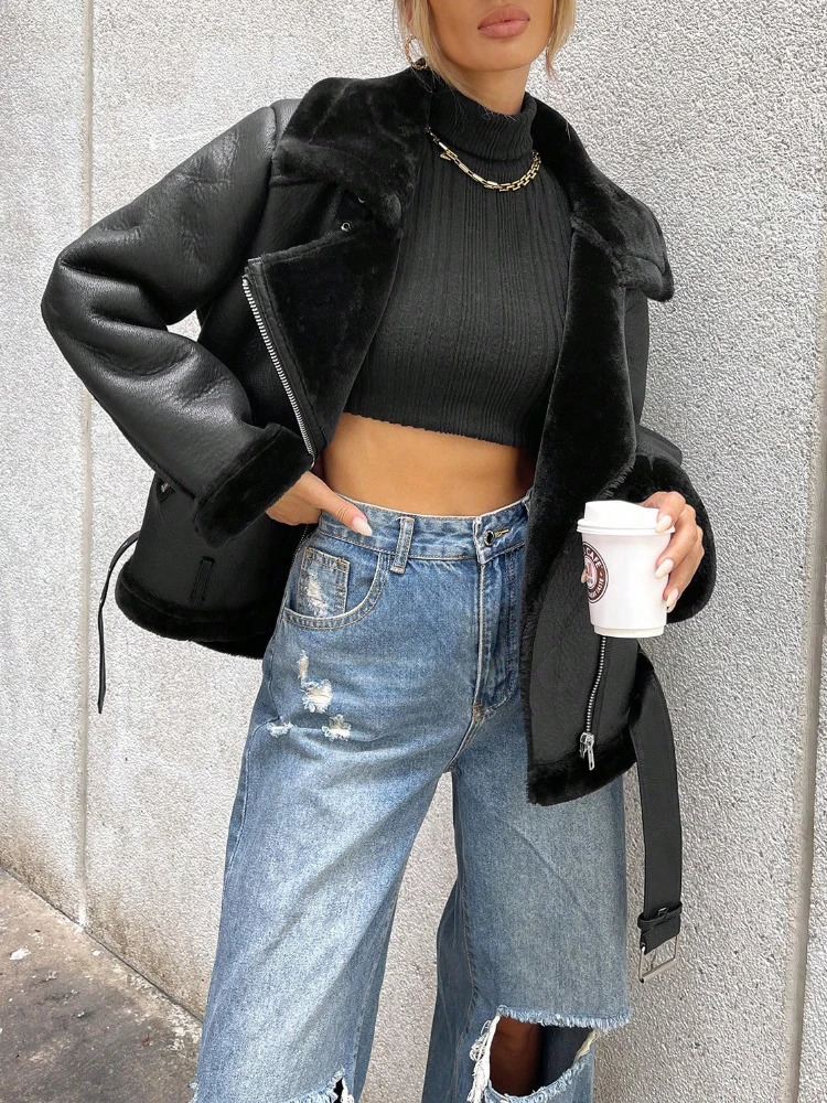 Fitaylor Winter Women Faux Fur Leather Jacket Casual Lady Thick Warm Leather Jacket High Street Motorcycle Outwear 251104CJ