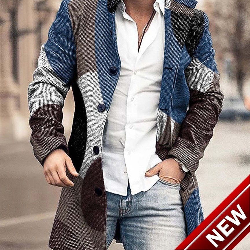 New mens 3D printed woolen stand up collar mid length casual pocket coat jacket