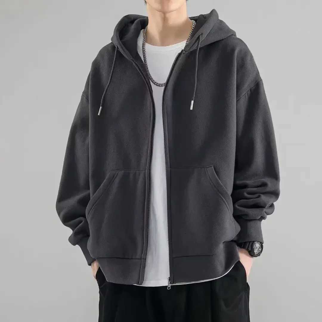 Male Clothes Black Solid Sweatshirt For Men Full Zip Up Hooded Hoodies Winter Young On Sale Offers High Quality Korean Style ST251105
